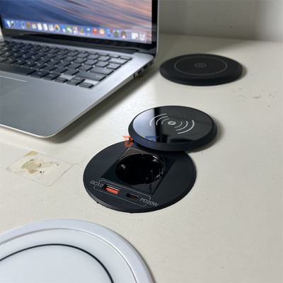 오피스 가구 EU 전원 소지 & usb a + c와 함께 원형 Qi 무선 충전기 소파 커피 테이블 충전 스테이션